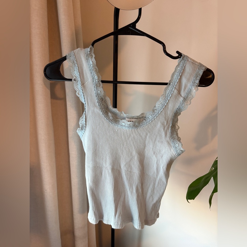 Topshop Ribbed Lace Trim Sleeveless Tank Top - Light Blue